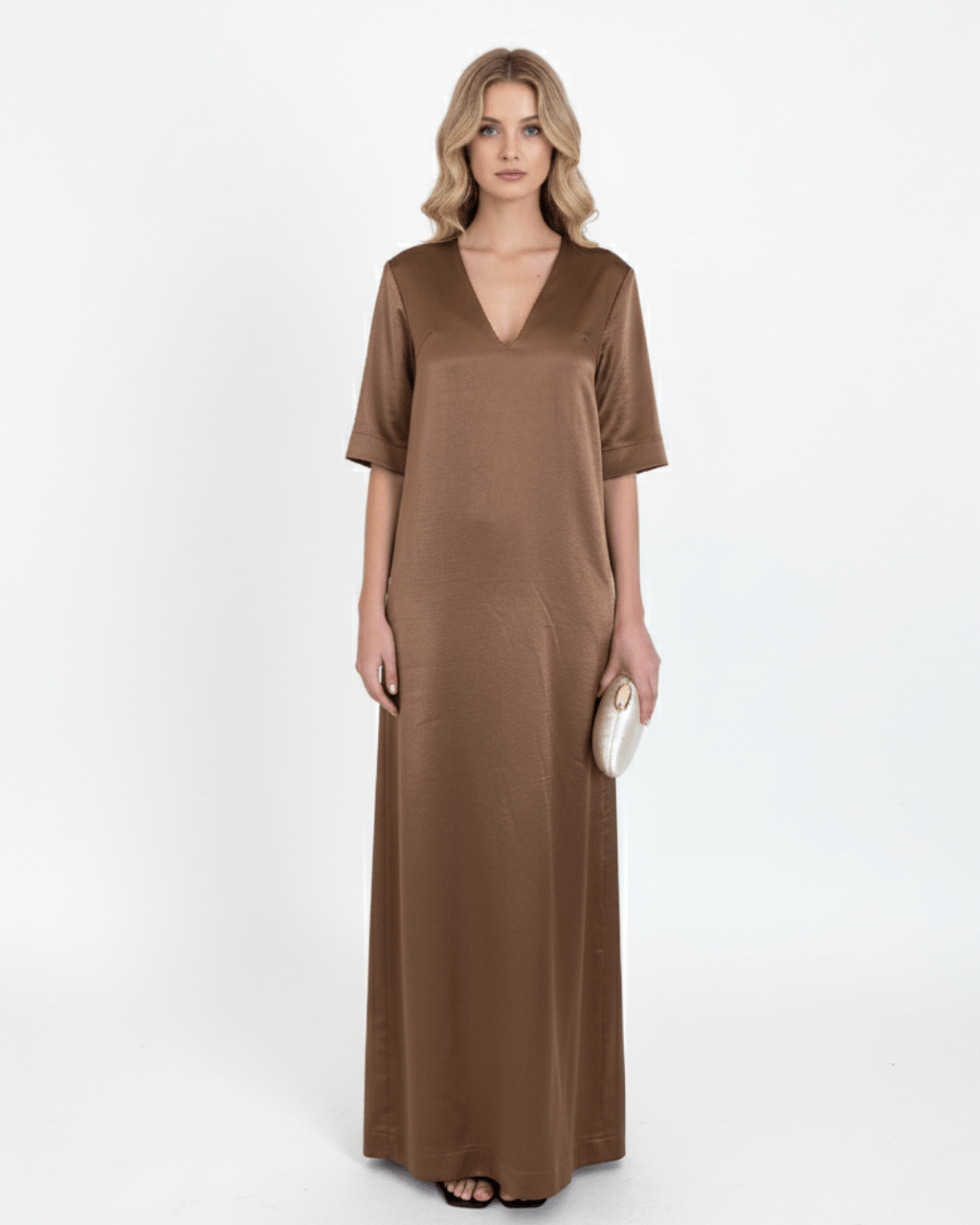 Deep V-Neck Satin Maxi Dress by COCOSIN