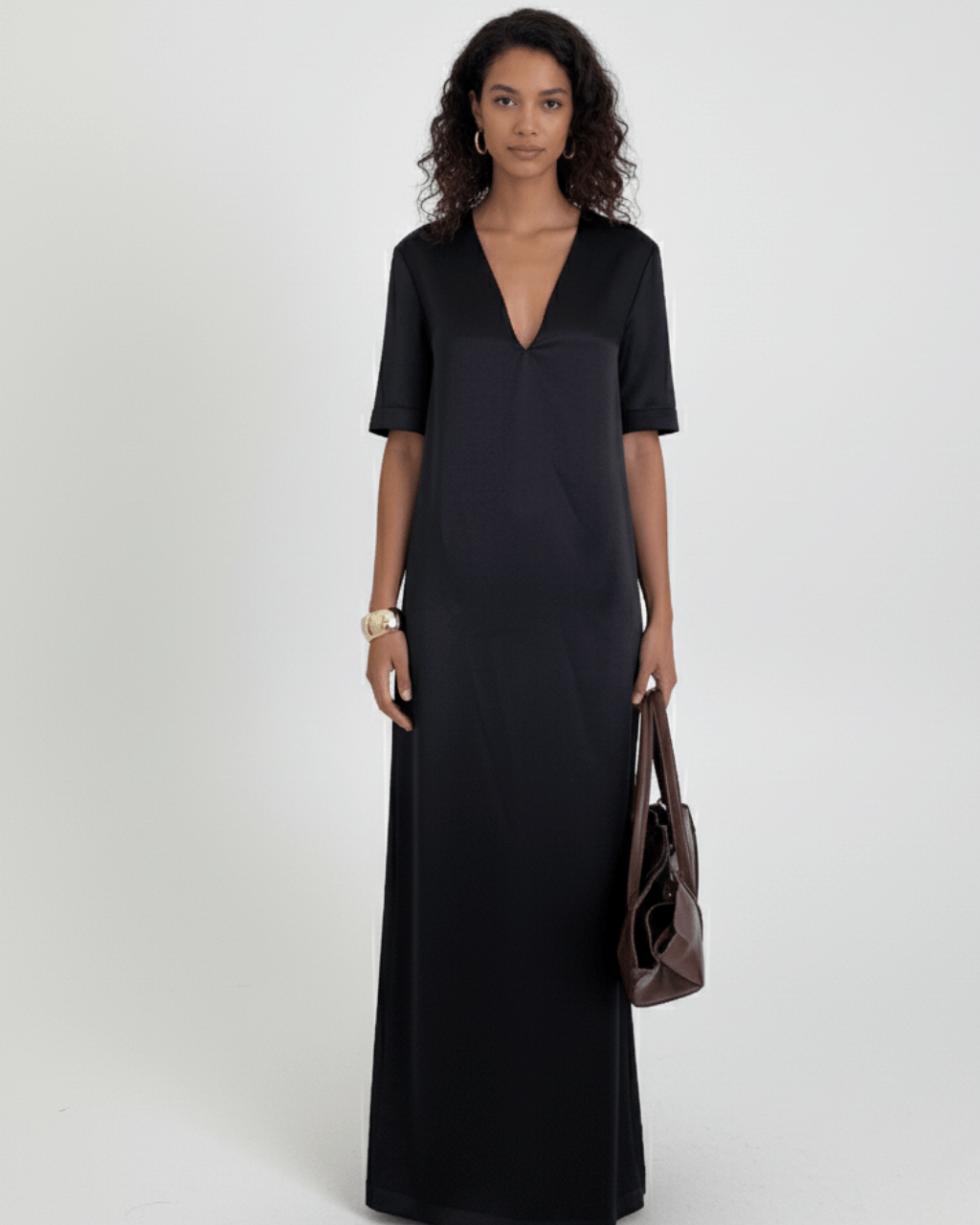 Deep V-Neck Satin Maxi Dress by COCOSIN