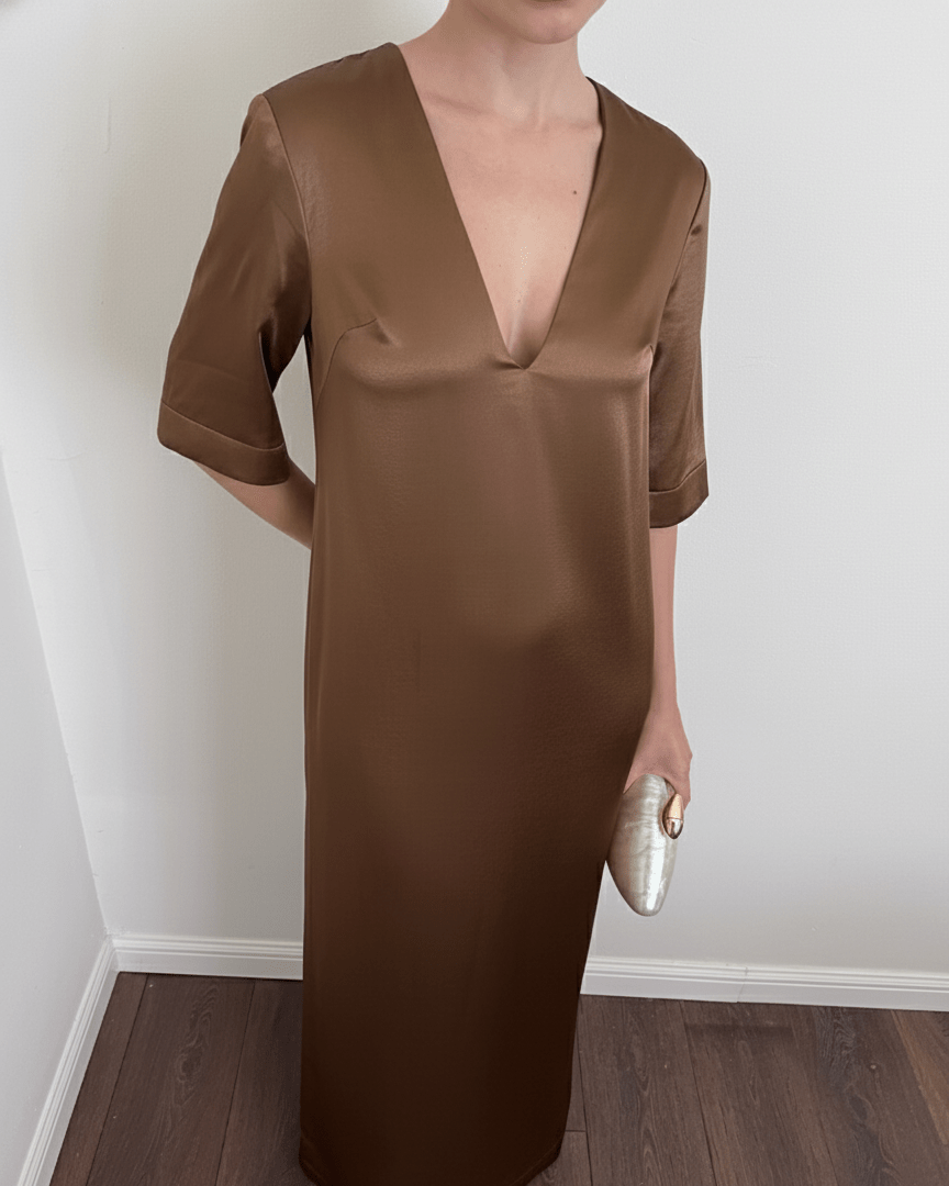 Deep V-Neck Satin Maxi Dress by COCOSIN