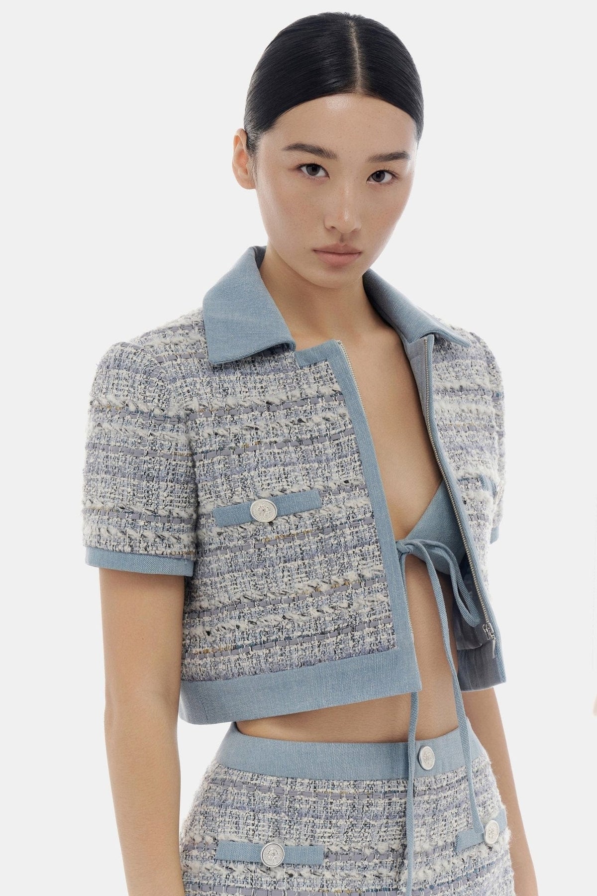 Denim Blue Tweed Croptop Jacket by Montsand