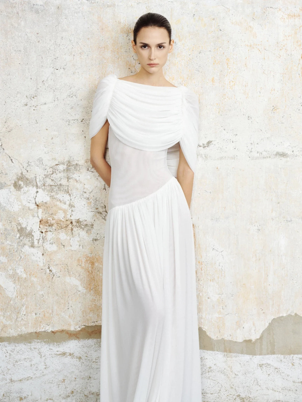 Elara Draped Mesh Maxi Dress by COCOSIN