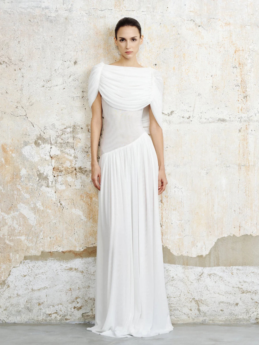 Elara Draped Mesh Maxi Dress