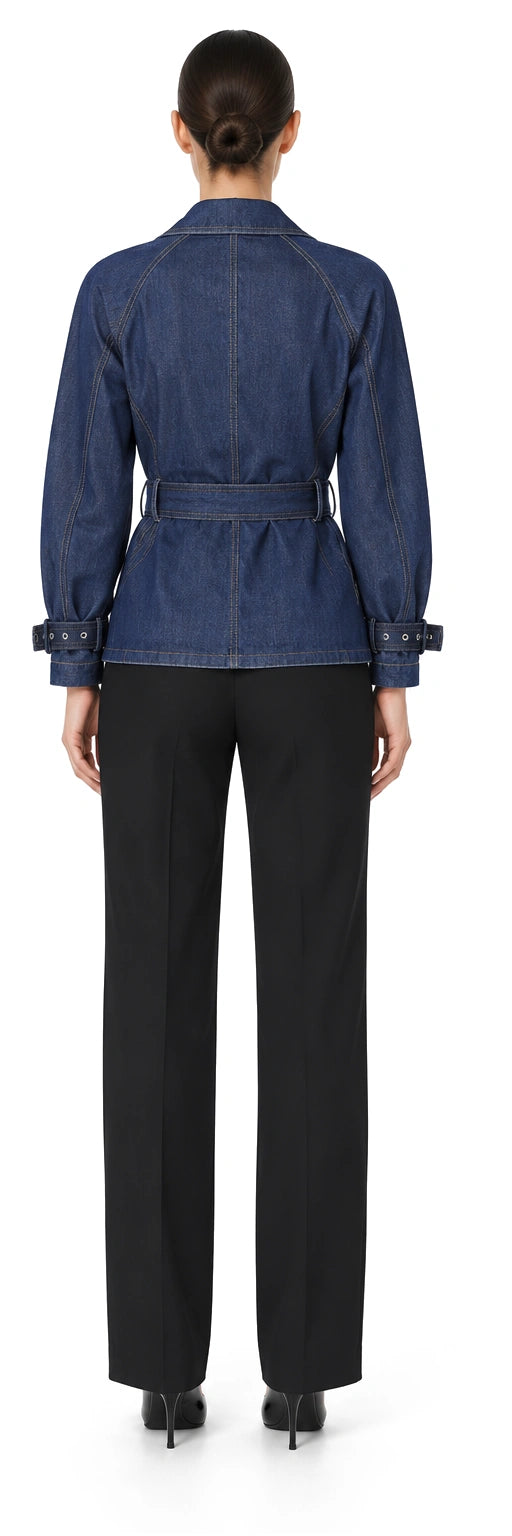 ÁO KHOÁC JEANS KT XANH ĐAI GẤU, AI-rendered back view; rear details inferred where no source exists