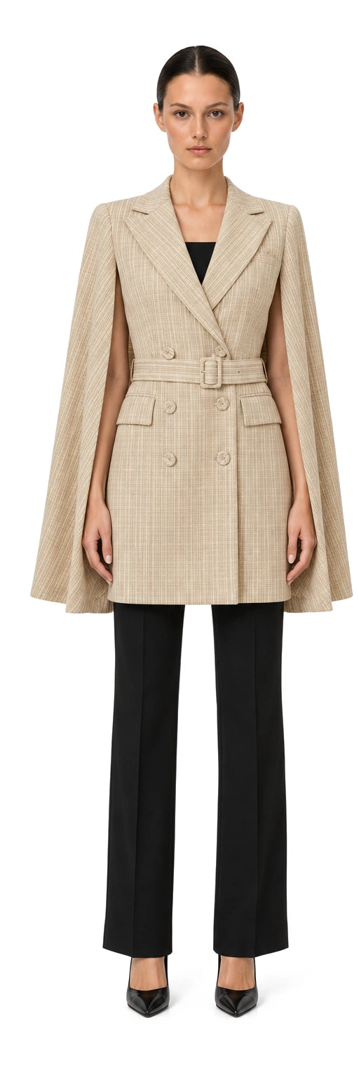 ÁO KHOÁC CAPE TWEED KẺ BE ĐAI EO, AI-rendered front view