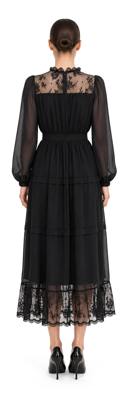 ĐẦM CHIFFON ĐEN PHỐI REN XẾP MÍ TẦNG, AI-rendered back view; rear details inferred where no source exists