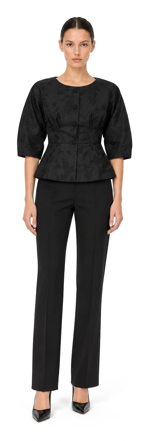 VEST GẤM ĐEN HT LÁ PEPLUM TAY LIỀN