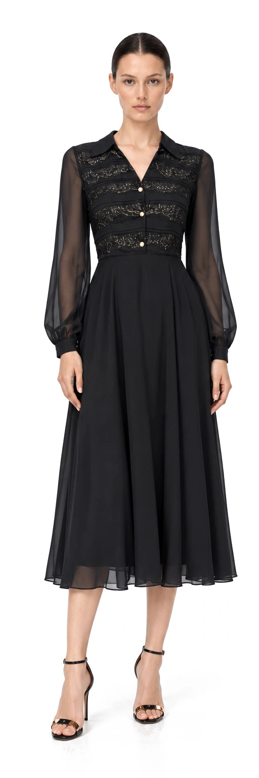 ĐẦM CHIFFON ĐEN XẾP BÈO REN NGỰC