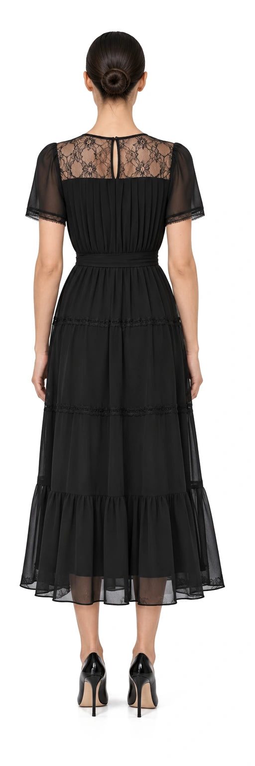 ĐẦM CHIFFON ĐEN BẤU LY PHỐI REN, AI-rendered back view; rear details inferred where no source exists