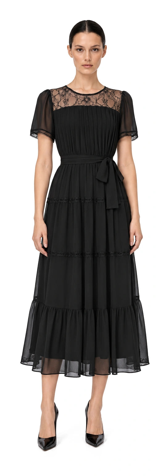 ĐẦM CHIFFON ĐEN BẤU LY PHỐI REN, AI-rendered front view