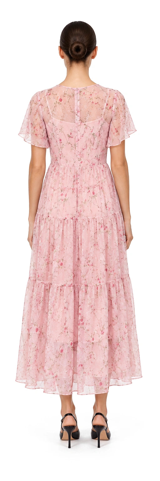 ĐẦM VOAN HOA NỀN HỒNG XẾP TẦNG, AI-rendered back view; rear details inferred where no source exists