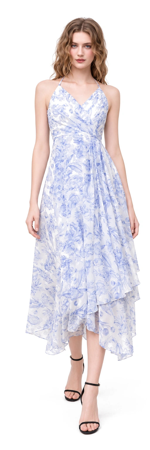 ĐẦM MAXI CHIFFON TRẮNG HOA XANH DÂY CỔ, AI-rendered front view