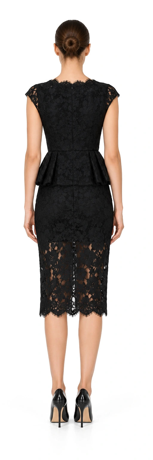 ĐẦM REN HOA ĐEN PEPLUM ĐAI EO, AI-rendered back view; rear details inferred where no source exists