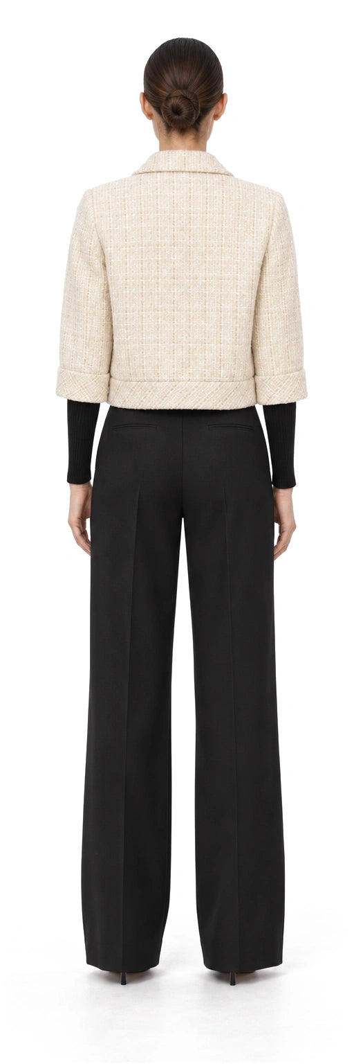 ÁO KHOÁC DẠ TWEED SỌC TRẮNG BE TÚI ỐP, AI-rendered back view; rear details inferred where no source exists