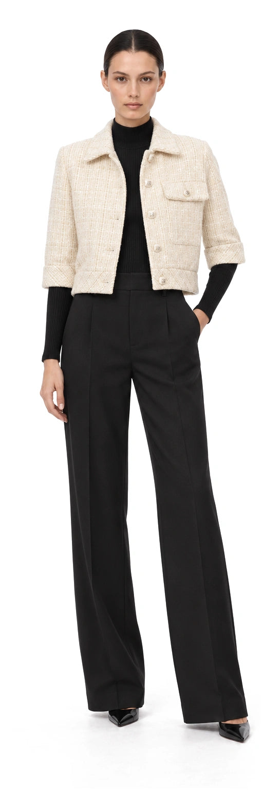ÁO KHOÁC DẠ TWEED SỌC TRẮNG BE TÚI ỐP, AI-rendered front view