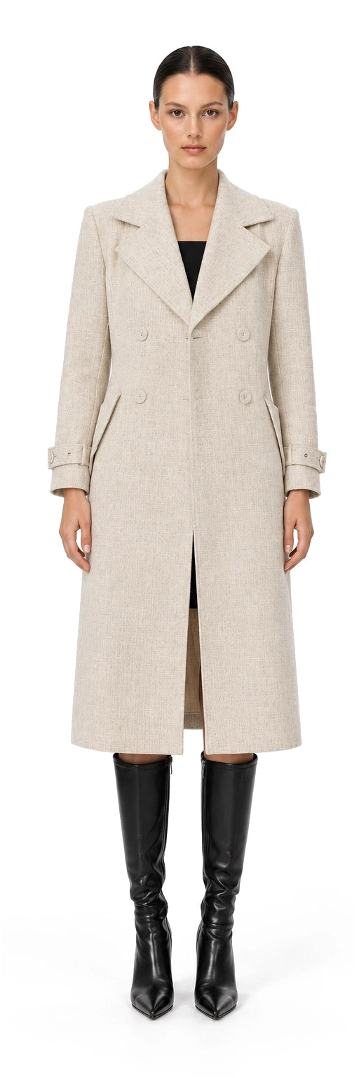 MĂNG TÔ TWEED SỢI BE NÂU ỐP TÚI CHÉO, AI-rendered front view