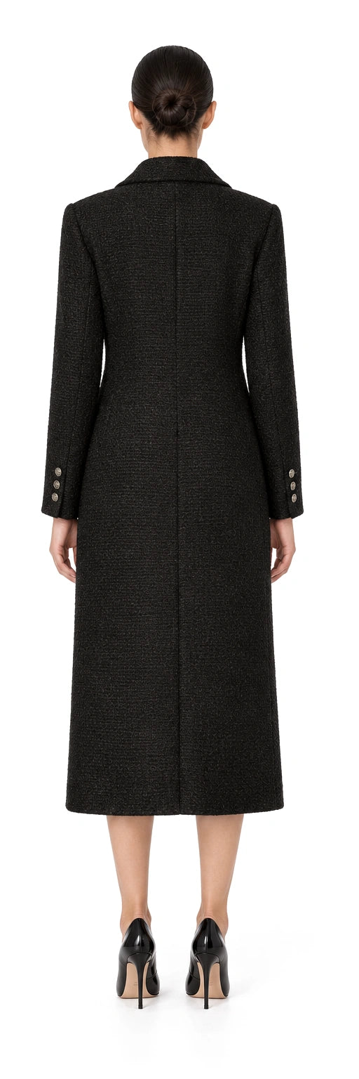 MĂNG TÔ DẠ TWEED SỢI ĐEN ỐP TÚI, AI-rendered back view; rear details inferred where no source exists