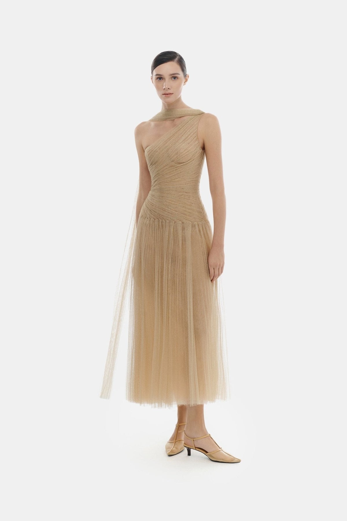 Gold Draped Midi Dress by Montsand