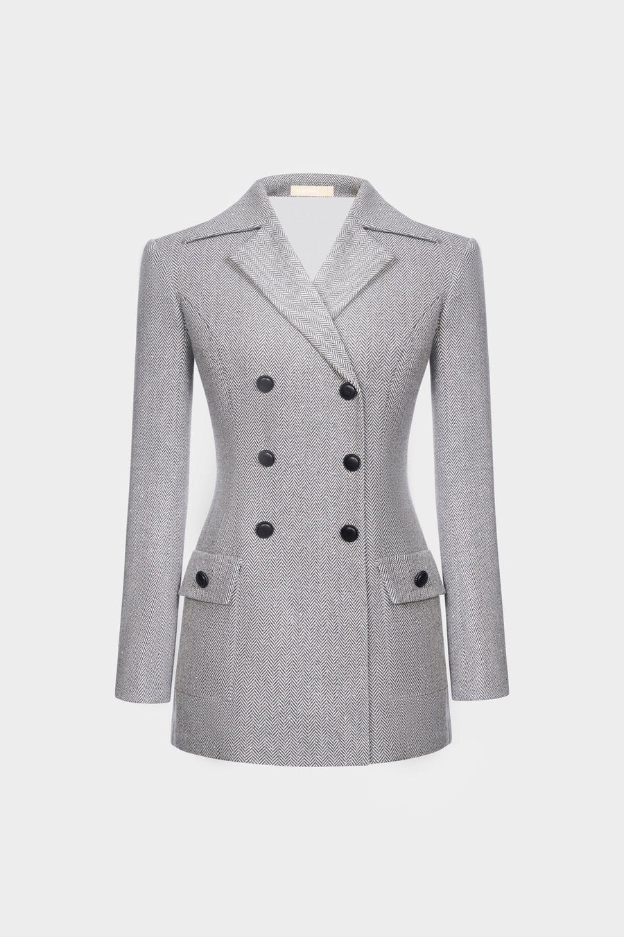 Grey Herringbone Double-Breasted Blazer