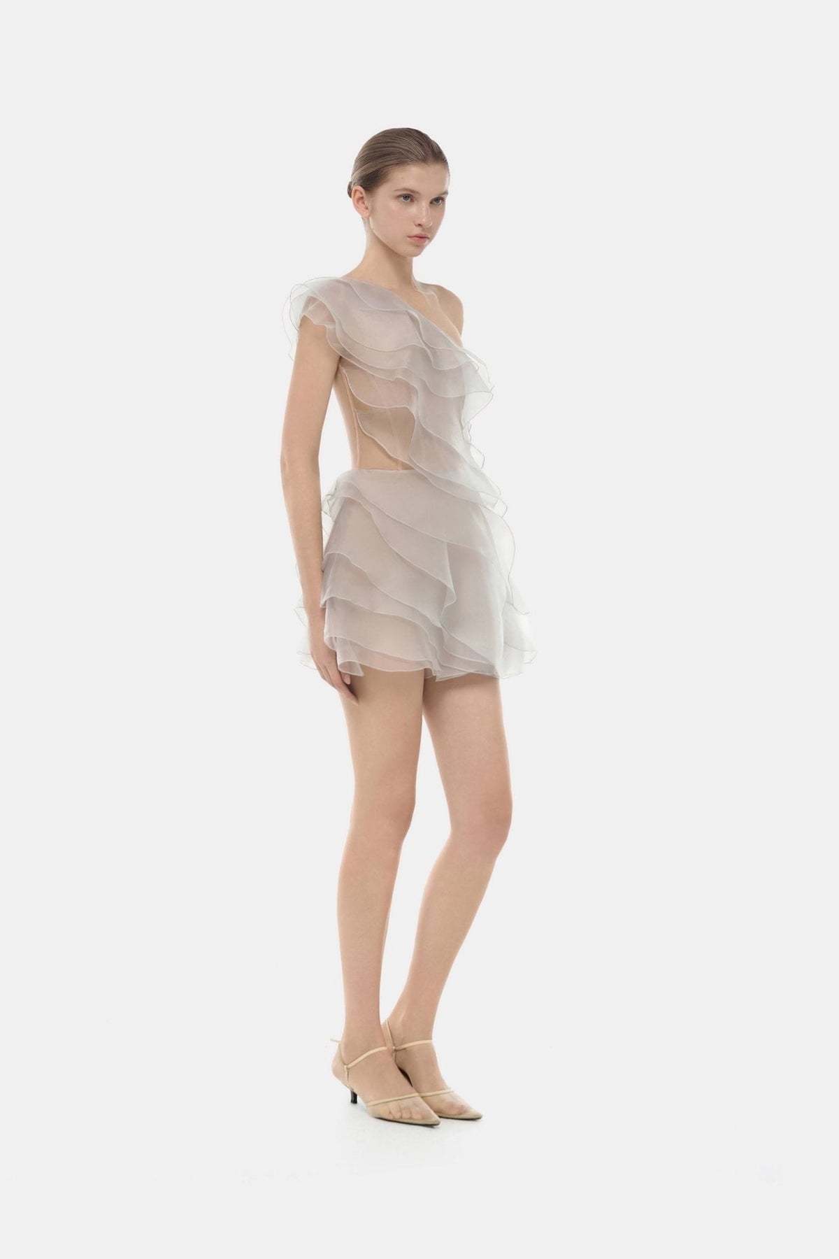 Grey Ruffle One-Shoulder Mini Dress by Montsand
