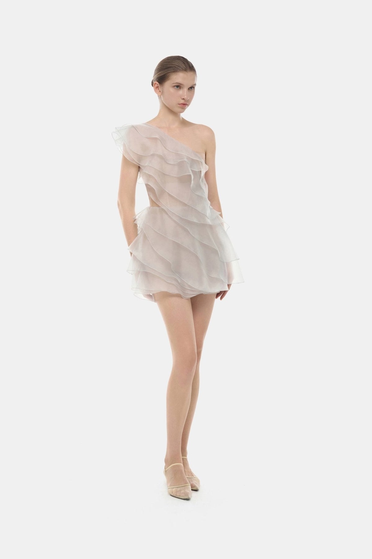 Grey Ruffle One-Shoulder Mini Dress by Montsand