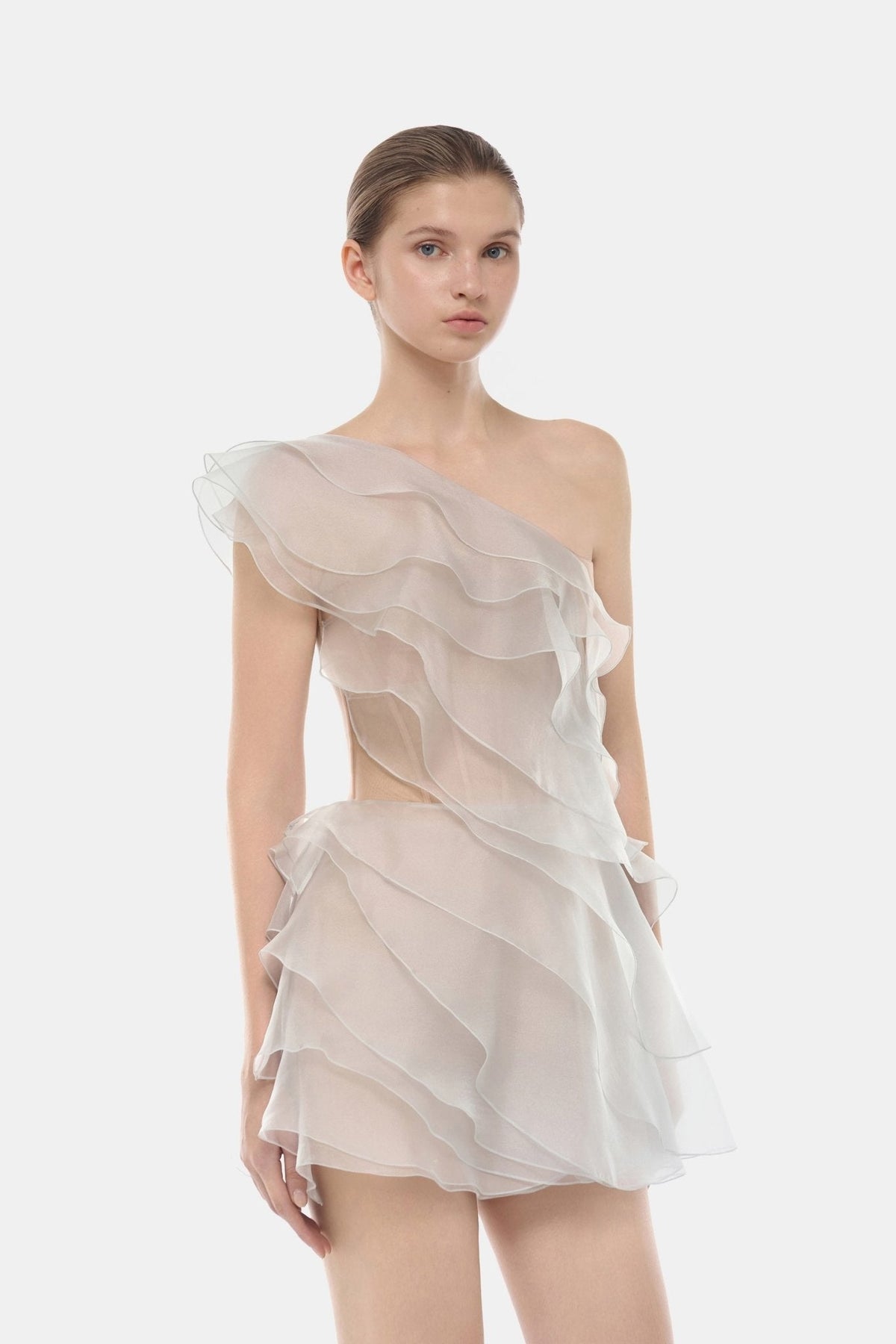 Grey Ruffle One-Shoulder Mini Dress by Montsand