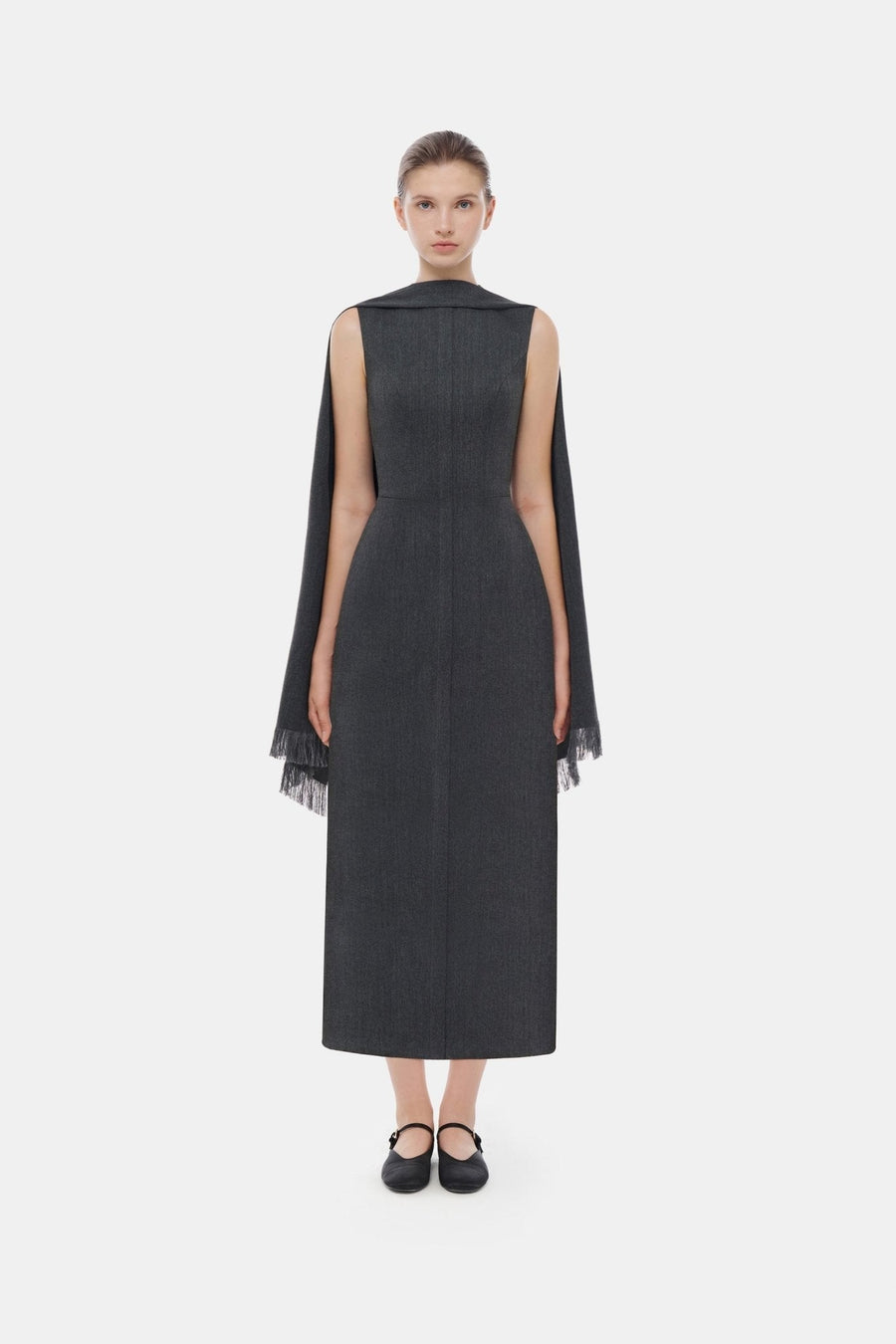 Grey Tailored Scarf Midi Dress