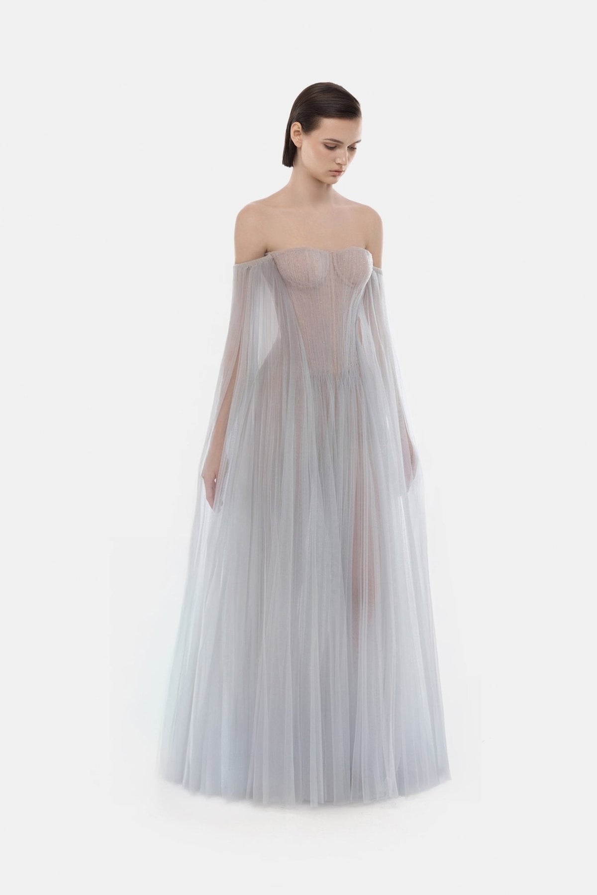 Grey Tulle Off-shoulder Maxi Dress by Montsand