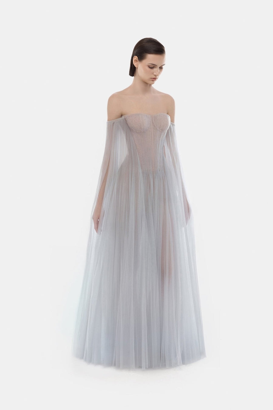 Grey Tulle Off-shoulder Maxi Dress