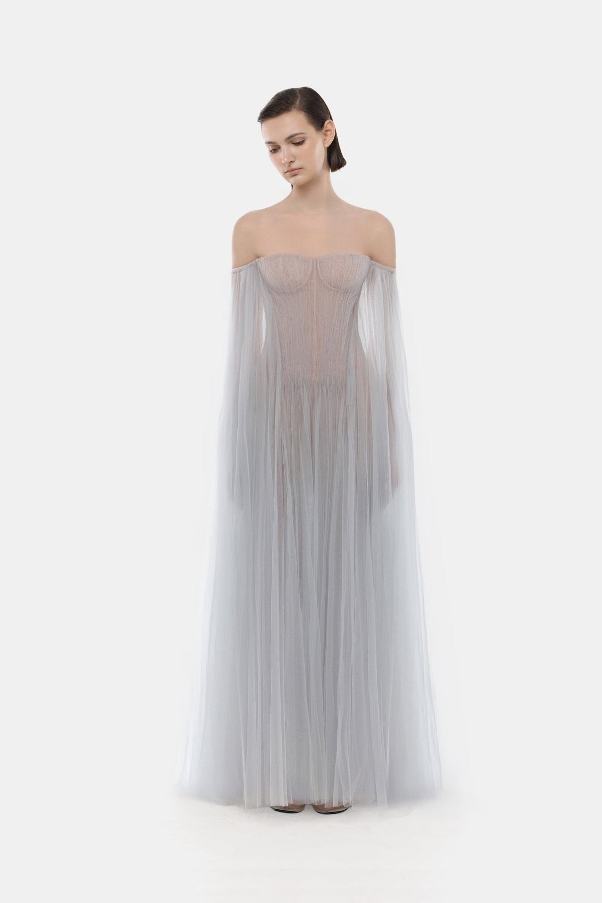 Grey Tulle Off-shoulder Maxi Dress by Montsand