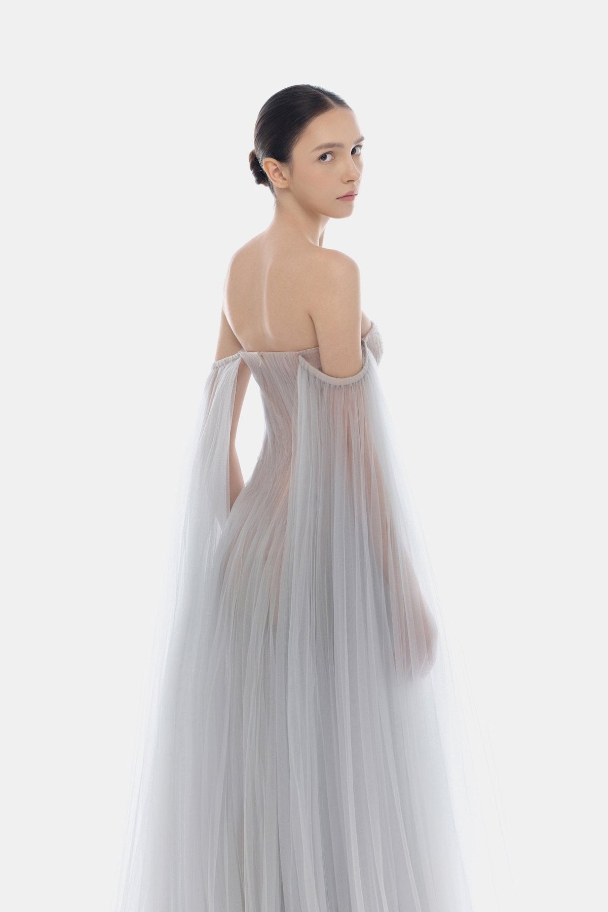 Grey Tulle Off-shoulder Maxi Dress by Montsand