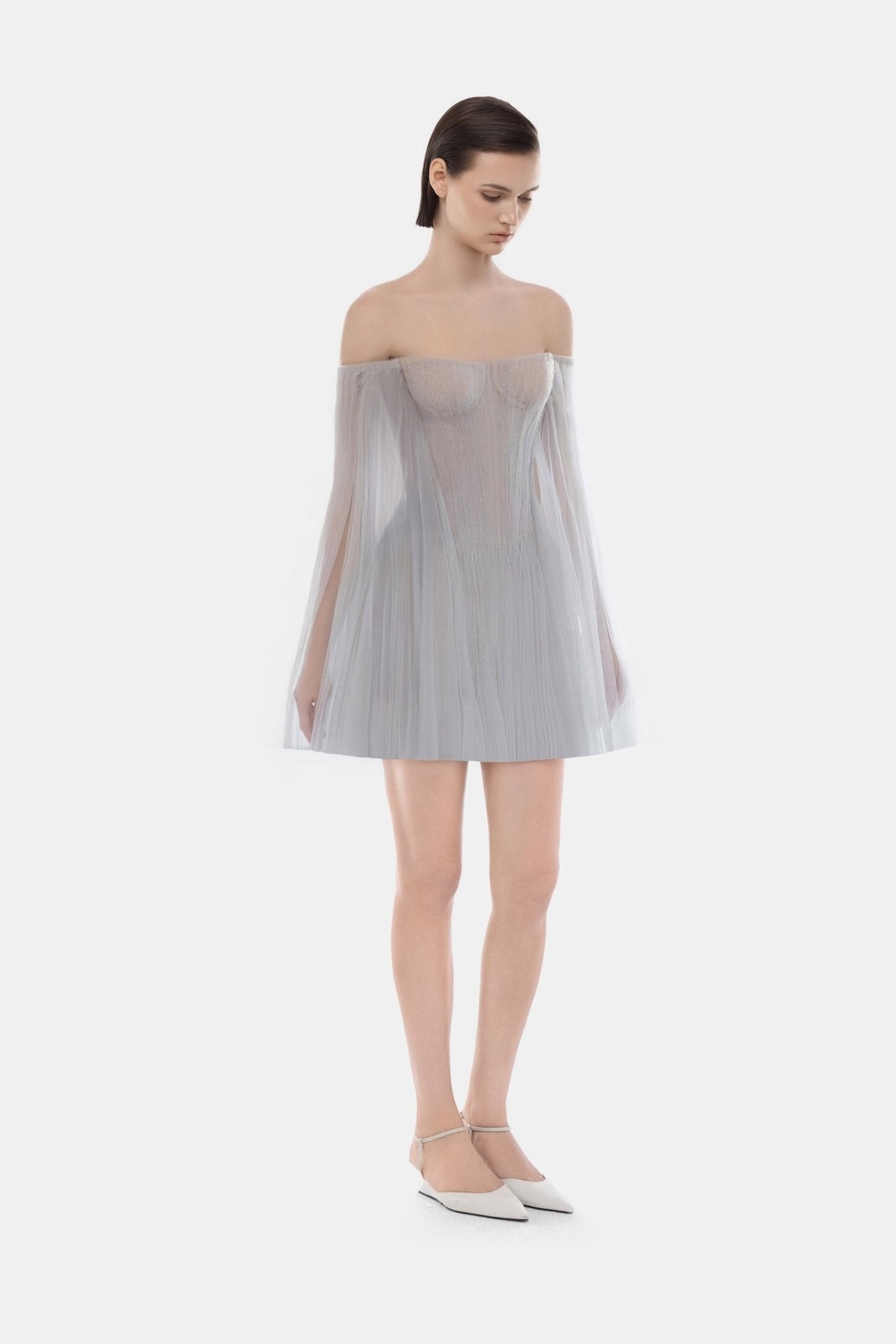 Grey Tulle Off-shoulder Mini Dress by Montsand