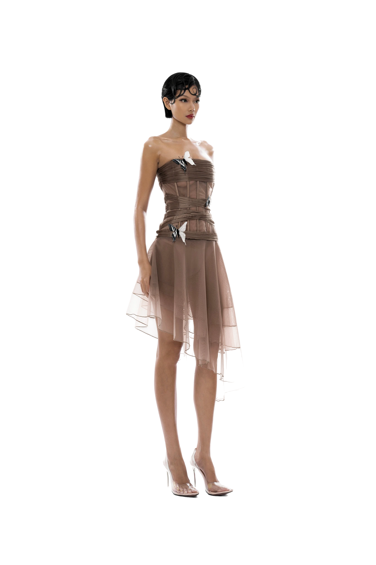 THÉA DRESS WITH BUTTERFLY PINS, profile view