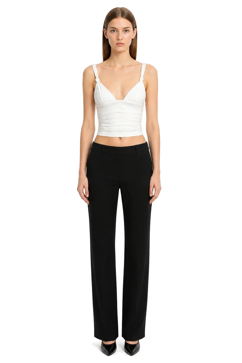 White ruched sleeveless top with knotted straps by Nuemode Studio
