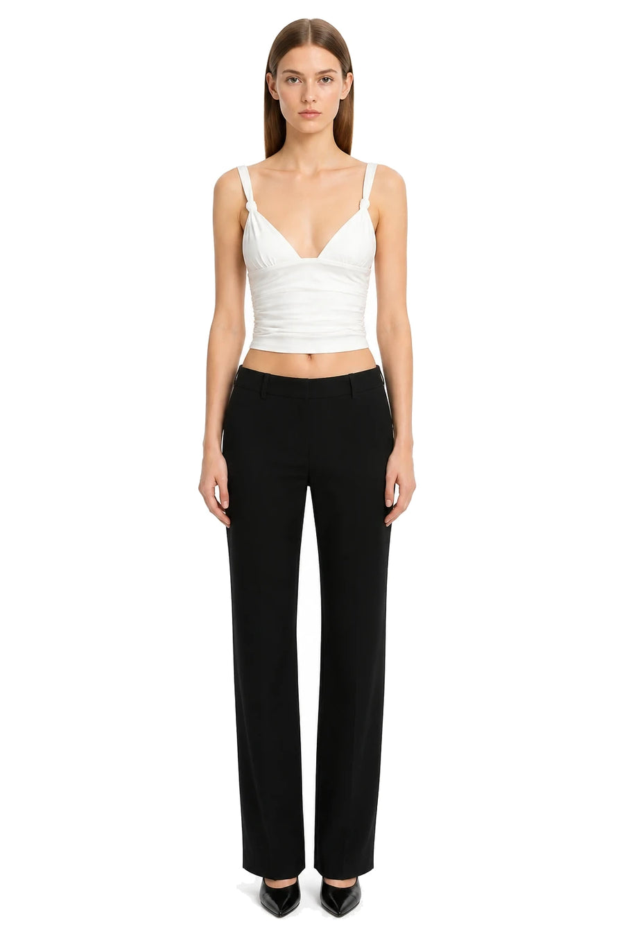 White ruched sleeveless top with knotted straps