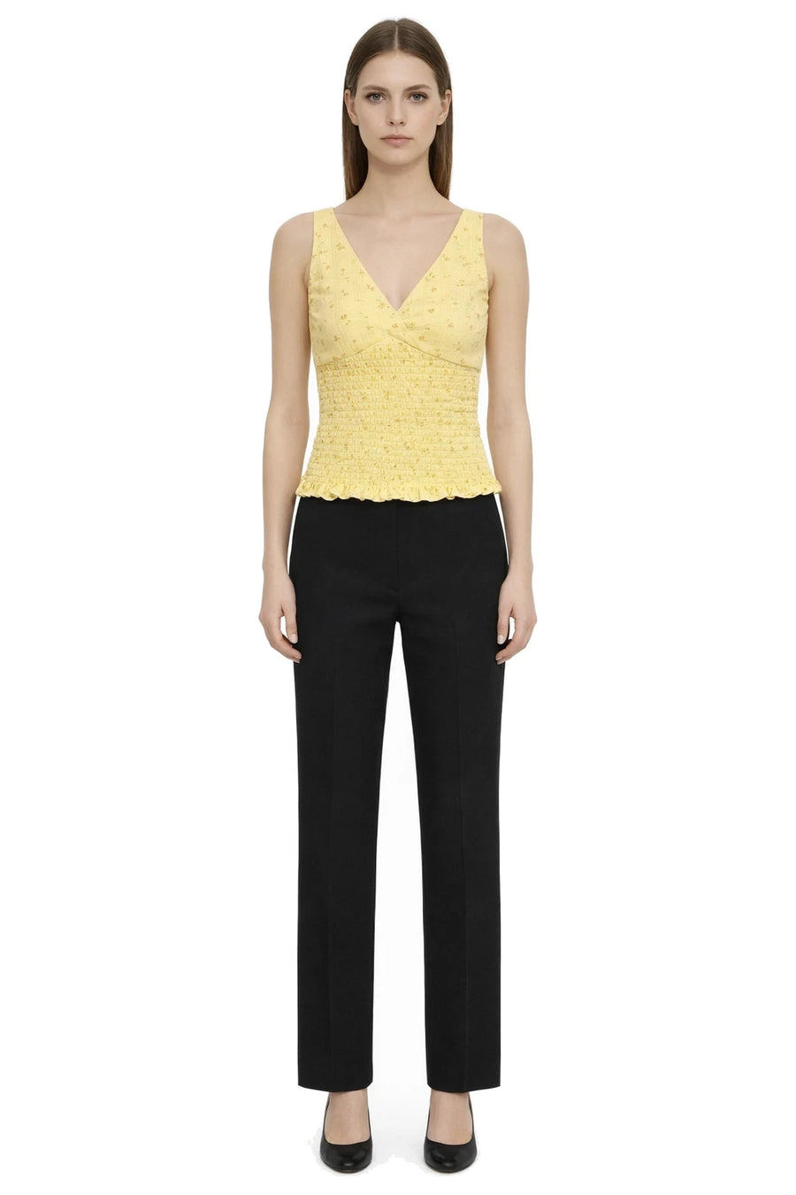 Yellow floral sleeveless smocked V-neck top