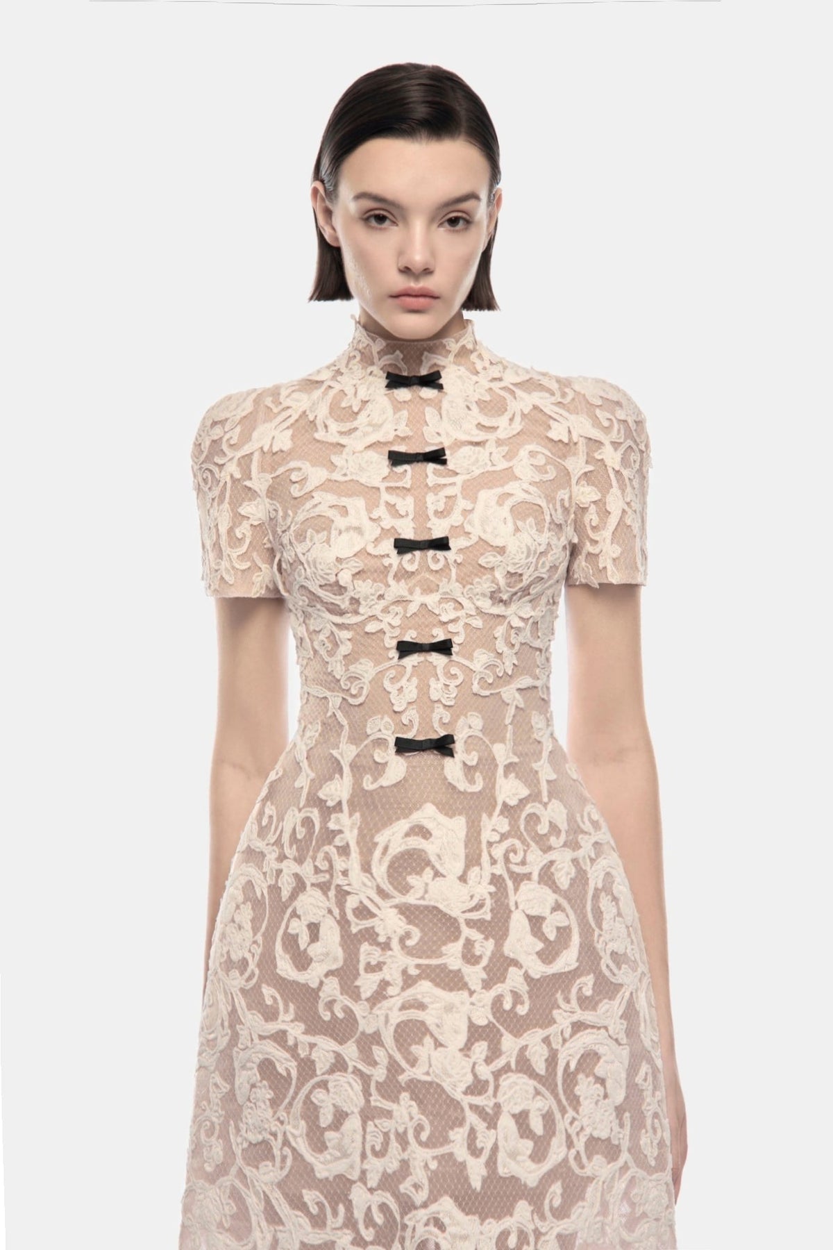 Ivory Brocade Bow Maxi Dress by Montsand