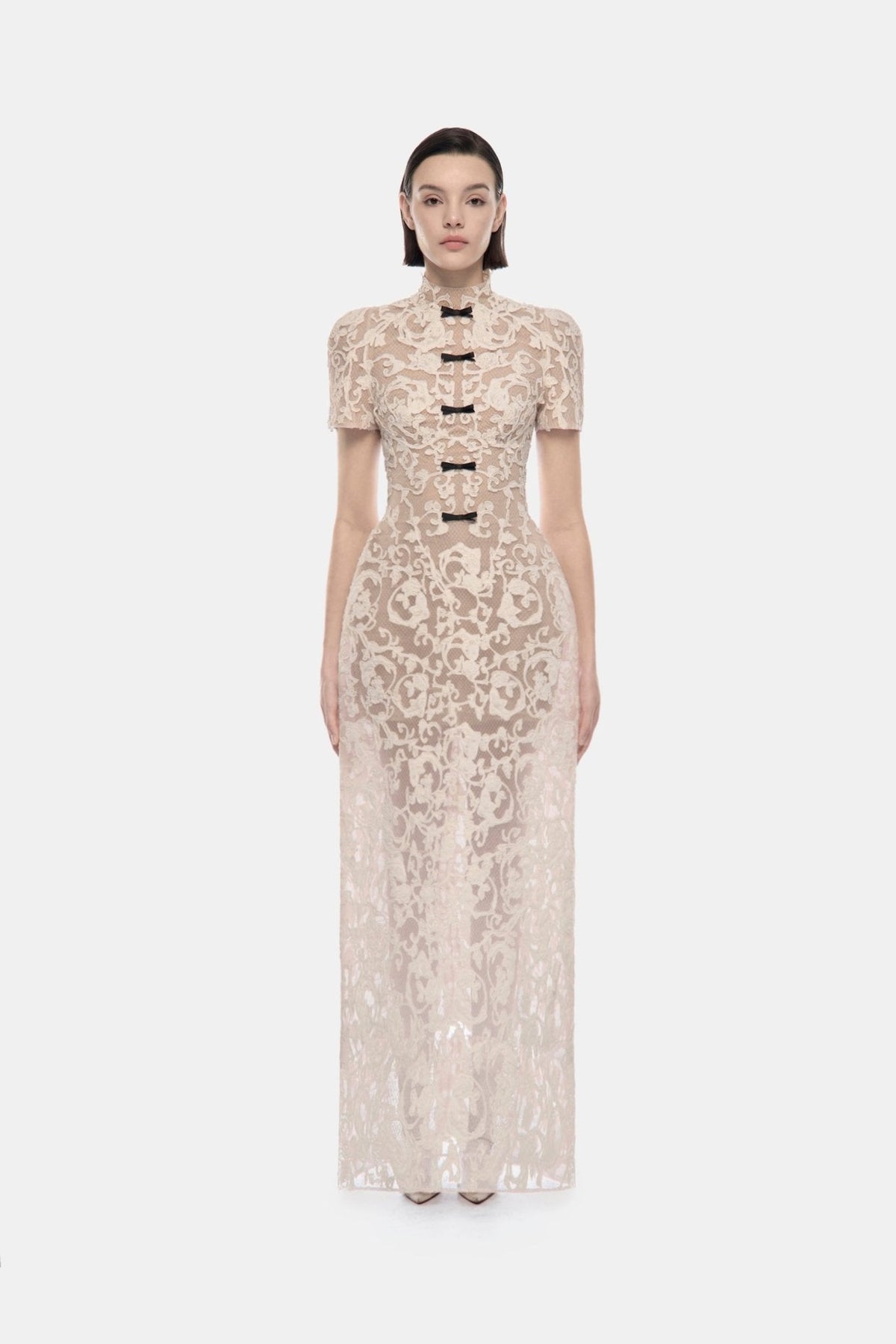 Ivory Brocade Bow Maxi Dress by Montsand