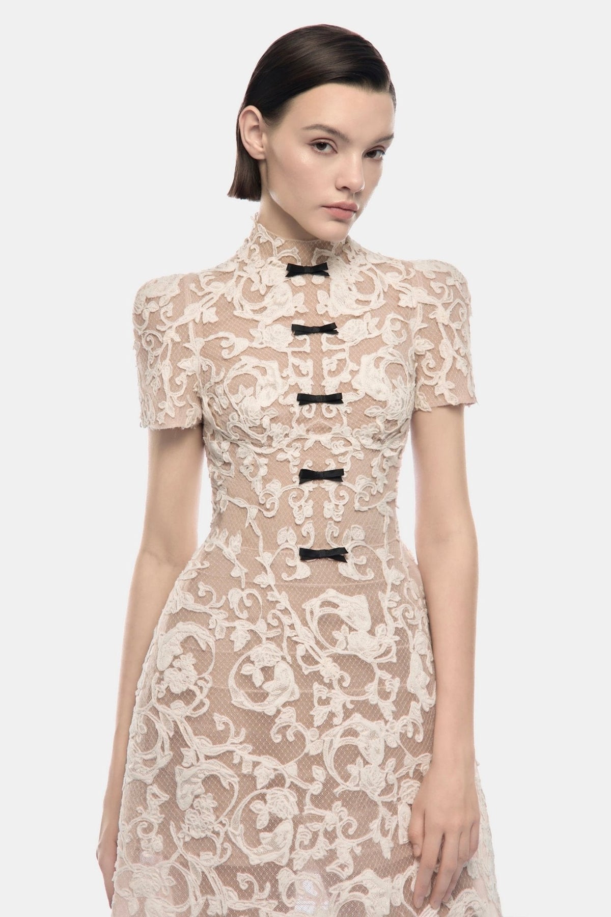Ivory Brocade Bow Midi Dress by Montsand