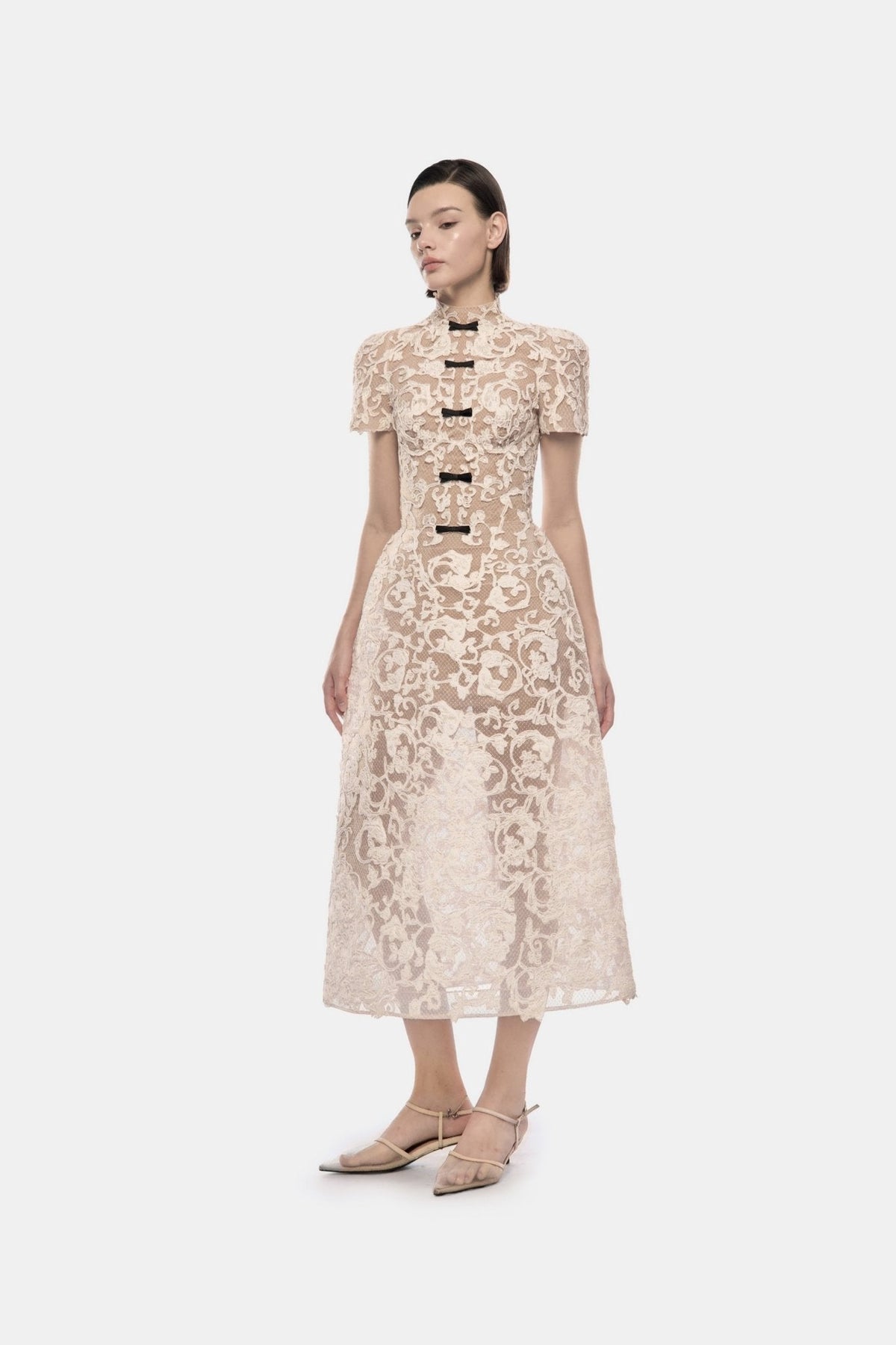 Ivory Brocade Bow Midi Dress by Montsand