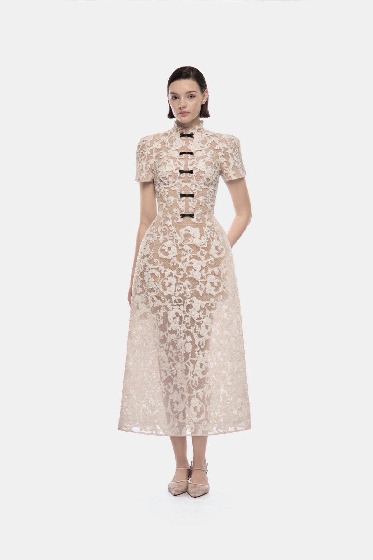 Ivory Brocade Bow Midi Dress by Montsand