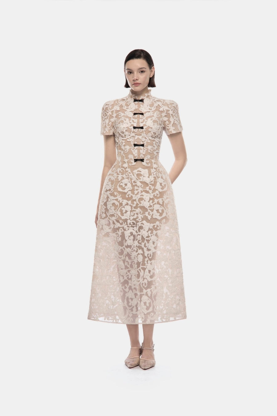 Ivory Brocade Bow Midi Dress