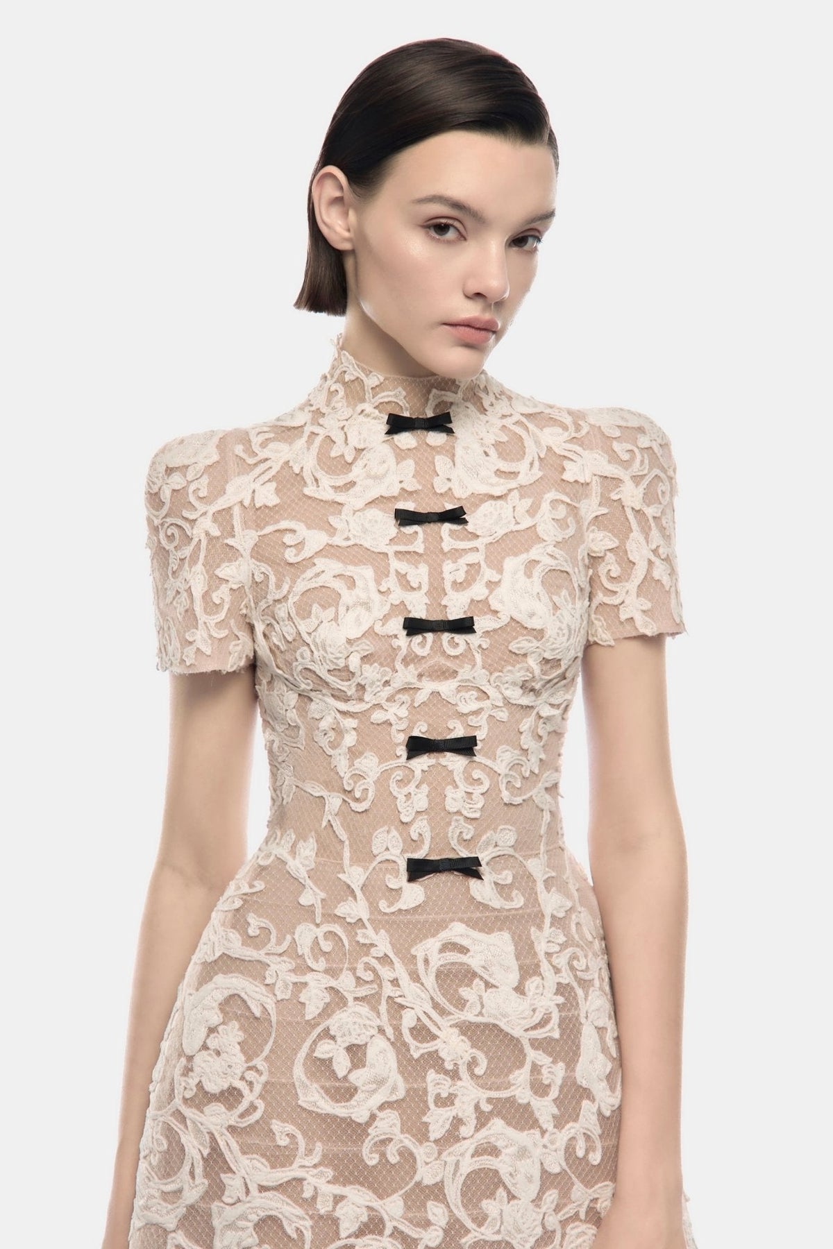 Ivory Brocade Bow Mini Dress by Montsand