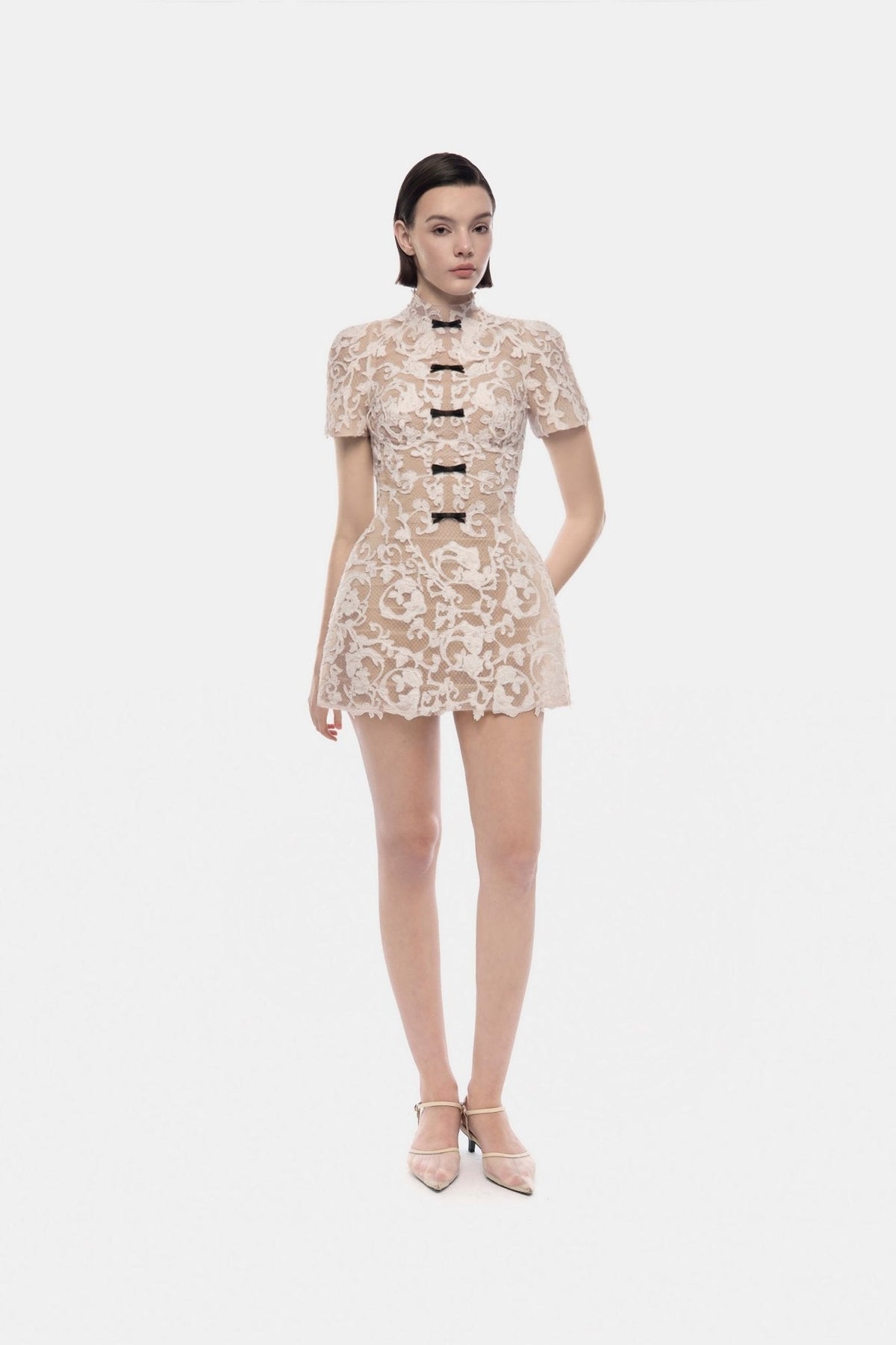 Ivory Brocade Bow Mini Dress by Montsand