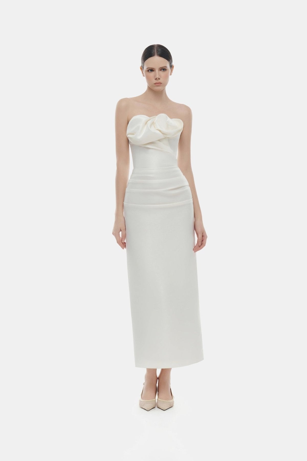 Ivory Draped Tube Midi Dress by Montsand
