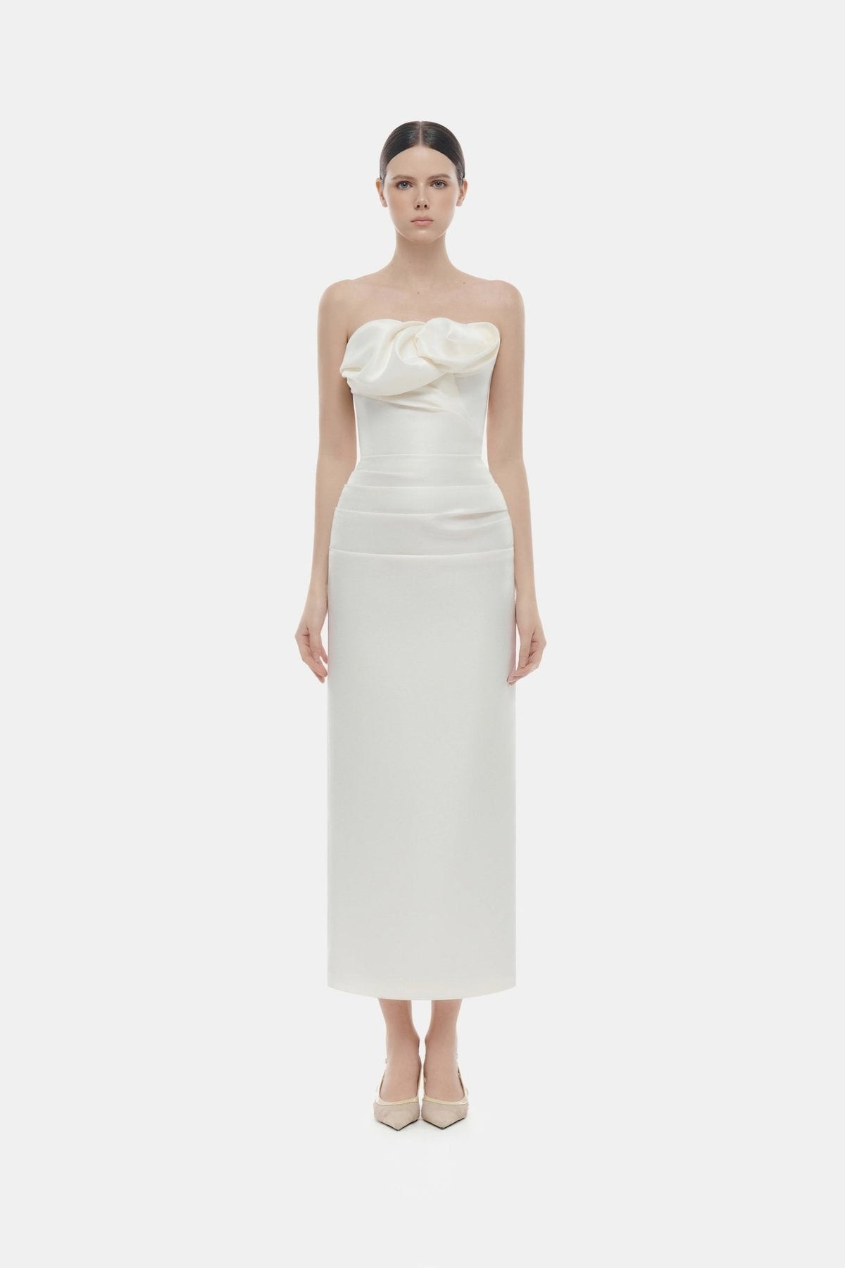 Ivory Draped Tube Midi Dress by Montsand