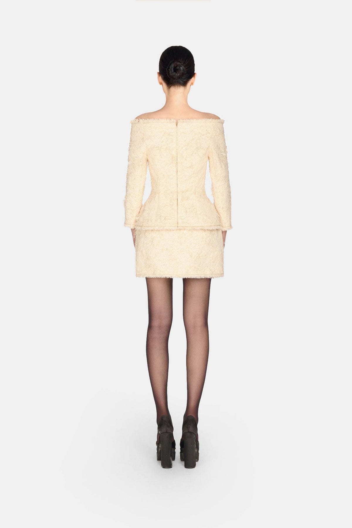 Ivory Off-shoulder Crystal Beaded Blazer by Montsand