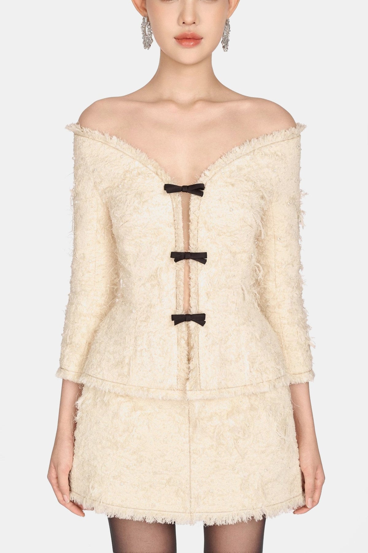 Ivory Off-shoulder Crystal Beaded Blazer by Montsand