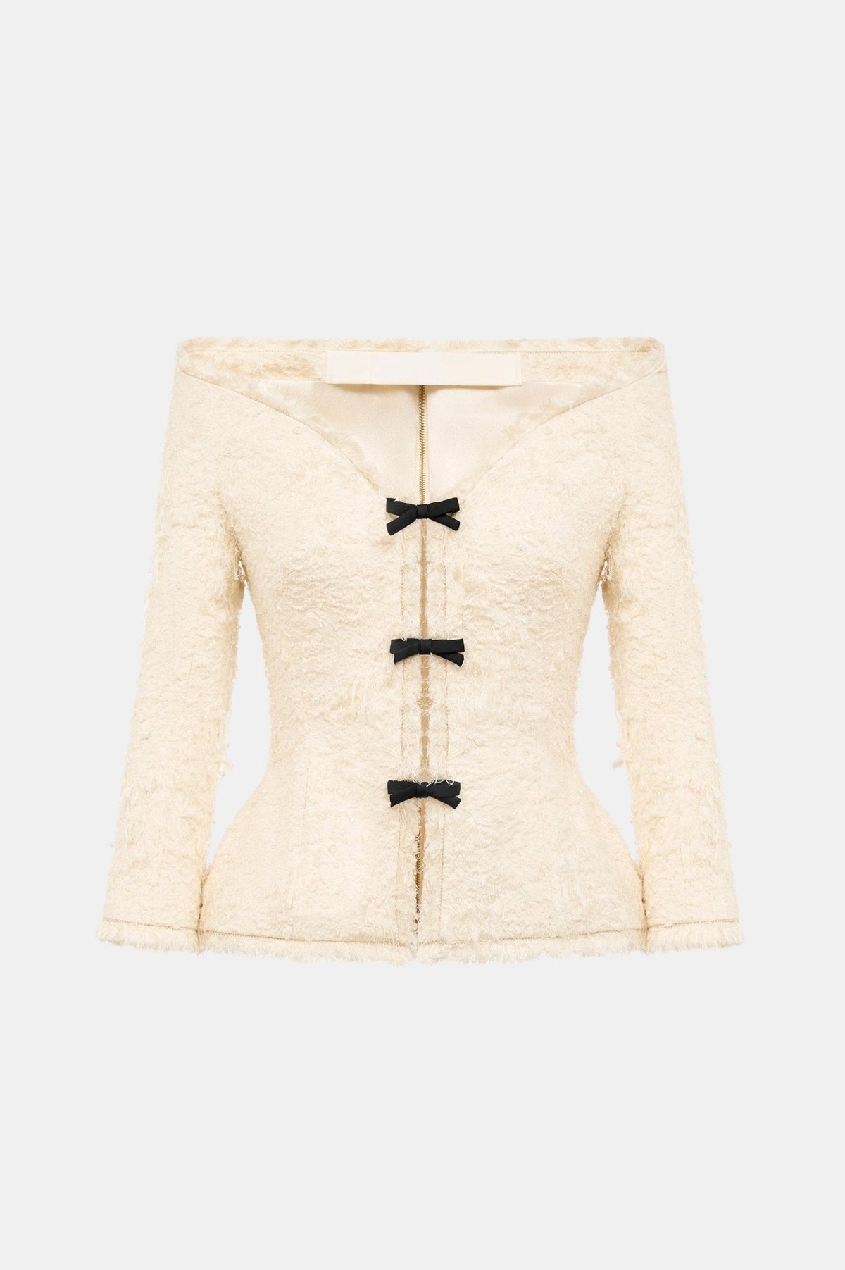 Ivory Off-shoulder Crystal Beaded Blazer by Montsand
