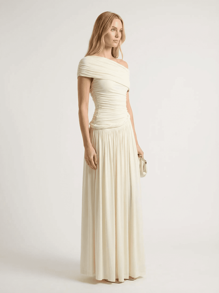 Ivory Off-Shoulder Draped Maxi Dress by COCOSIN