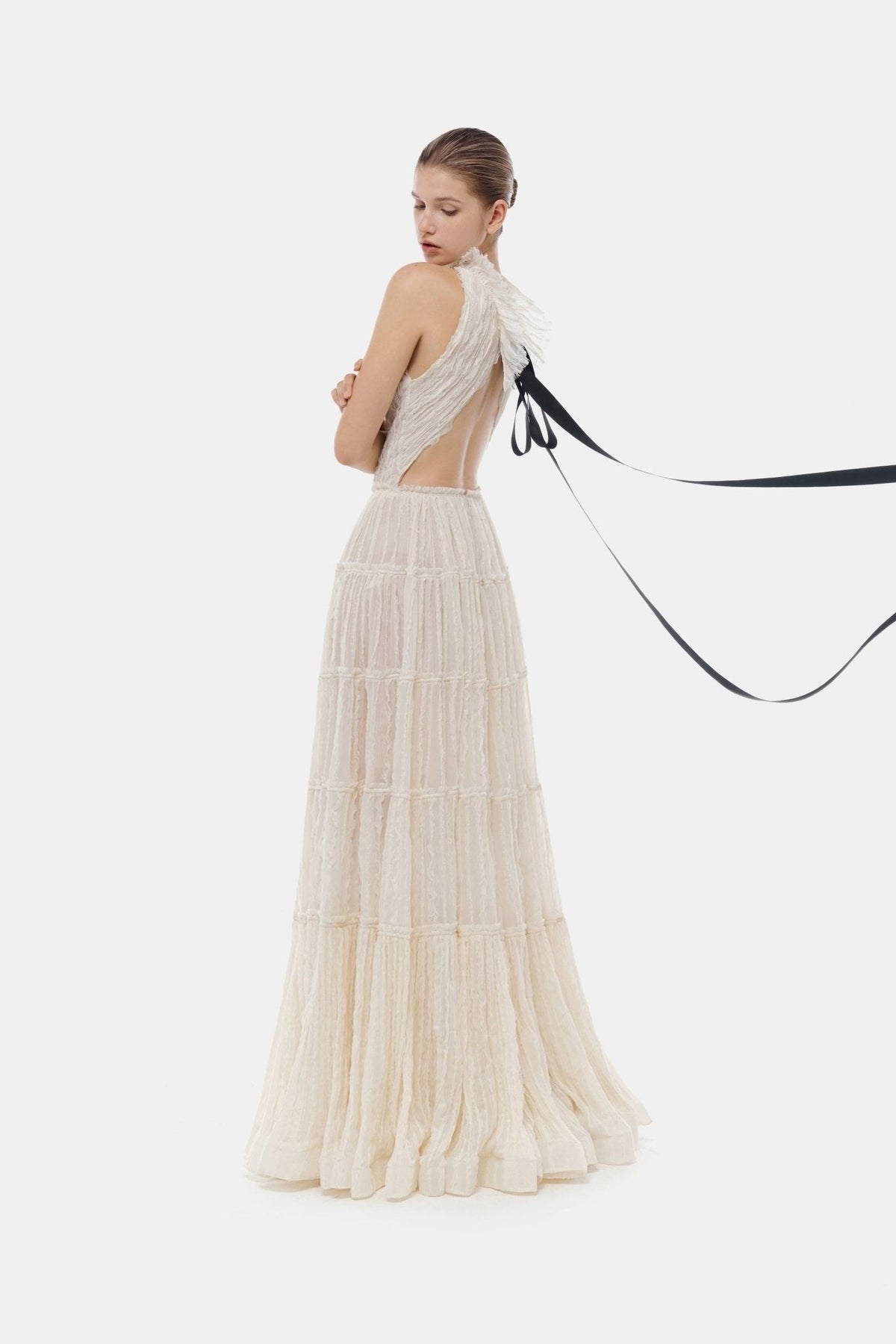 Ivory Tiered Halter Maxi Dress by Montsand